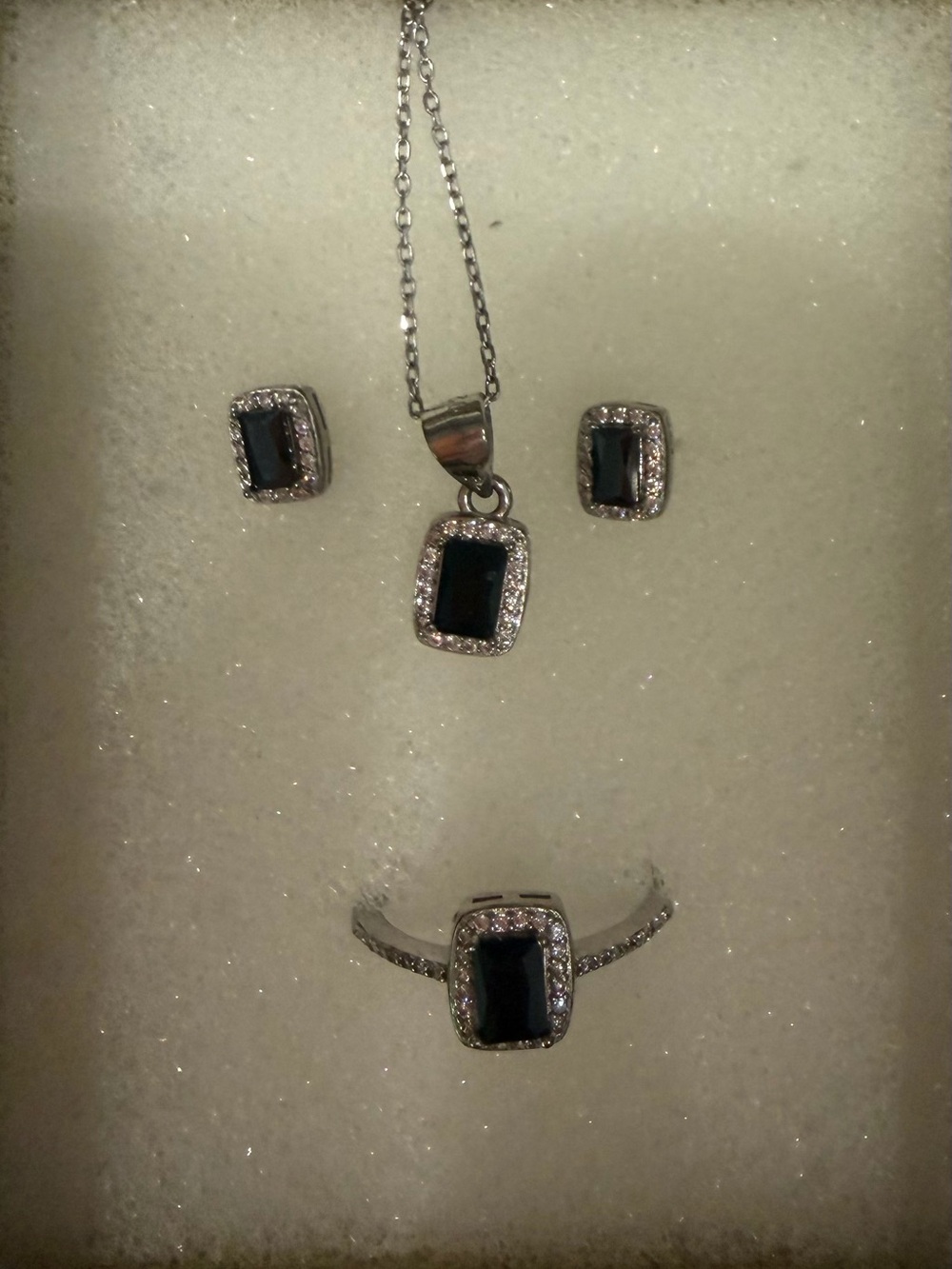 Sterling Silver Black Stone Jewelry Set – Necklace, Ring & Earrings